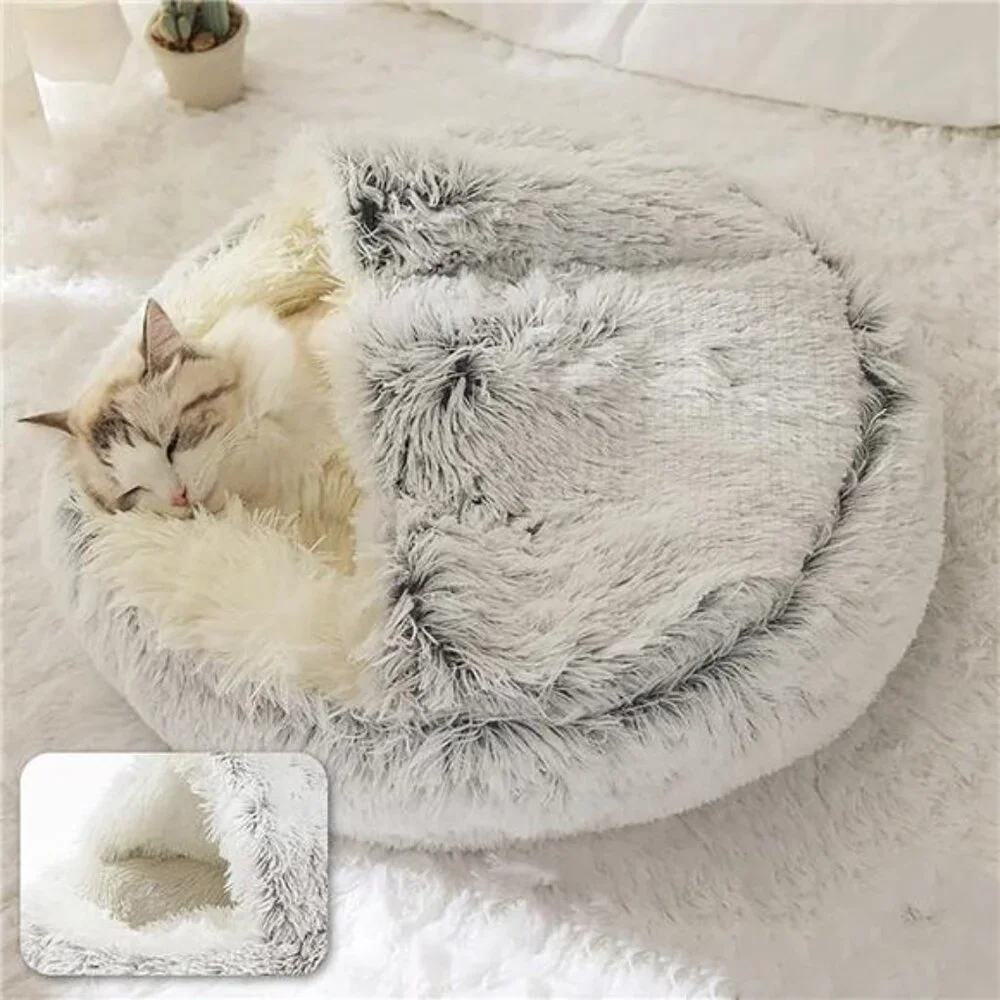 Cat Bed Small Dog Bed Round Plush Hooded Cave Anti Anxiety Cozy Indoor Pet Bed